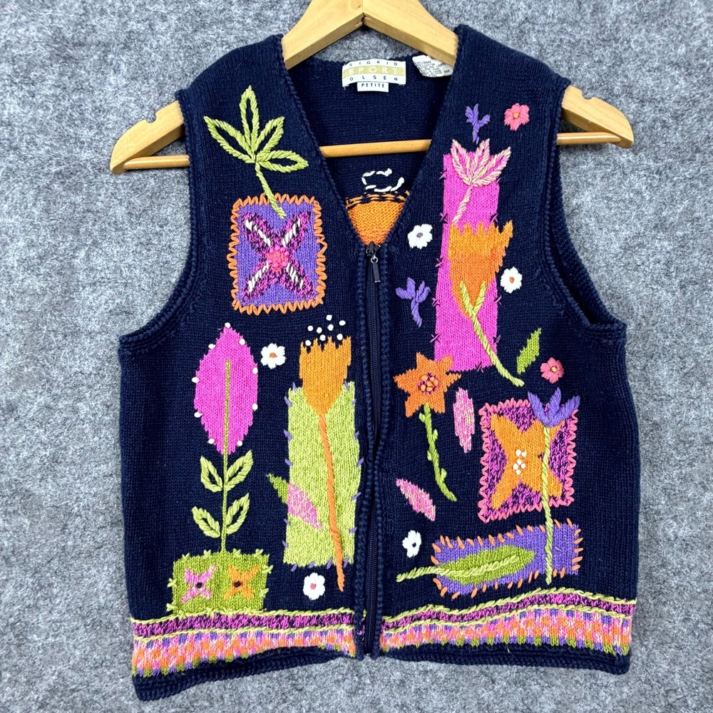 Vintage Sigrid Olsen Sport Sweater Vest Womens Small Blue Floral Artsy Cottage